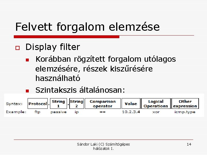 Felvett forgalom elemzése Display filter Korábban rögzített forgalom utólagos elemzésére, részek kiszűrésére használható Szintakszis