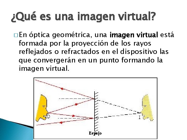 ¿Qué es una imagen virtual? � En óptica geométrica, una imagen virtual está formada