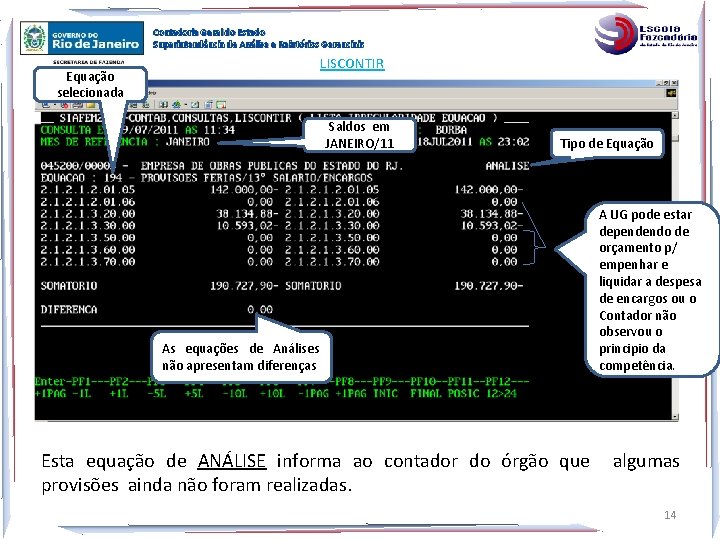 Contadoria Geral do Estado Superintendência de Análise e Relatórios Gerenciais Equação selecionada LISCONTIR Saldos