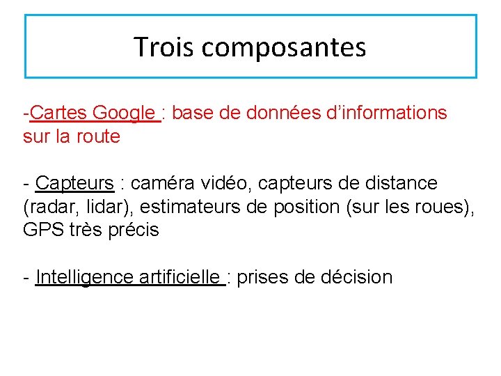 Trois composantes -Cartes Google : base de données d’informations sur la route - Capteurs