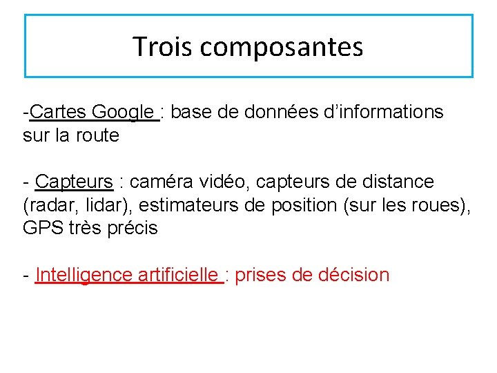 Trois composantes -Cartes Google : base de données d’informations sur la route - Capteurs