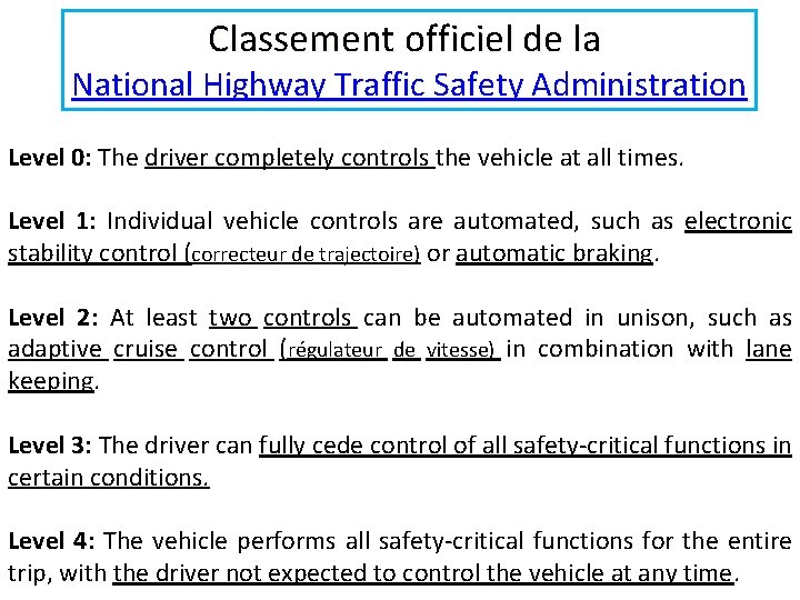 Classement officiel de la National Highway Traffic Safety Administration Level 0: The driver completely