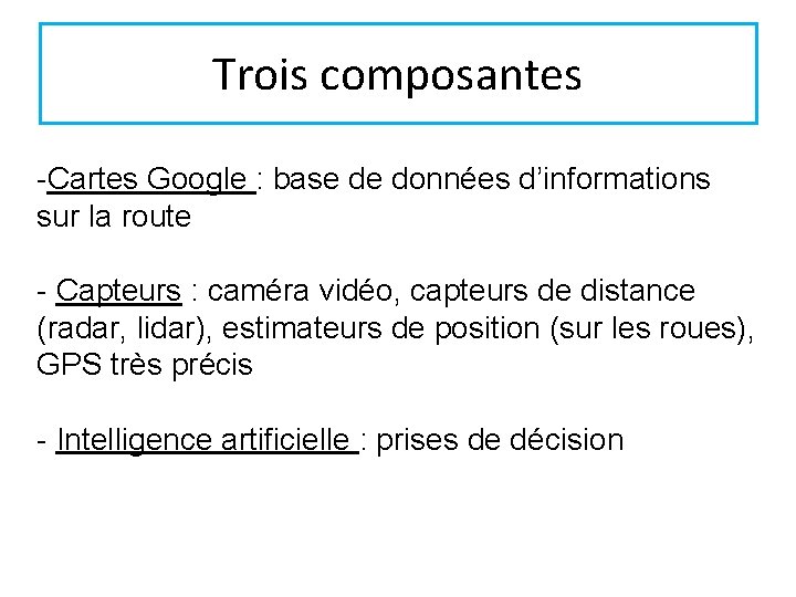 Trois composantes -Cartes Google : base de données d’informations sur la route - Capteurs