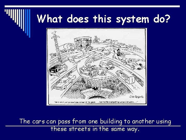 What does this system do? The cars can pass from one building to another