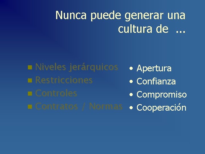 Nunca puede generar una cultura de. . . Niveles jerárquicos n Restricciones n Controles