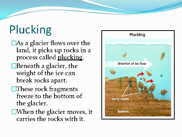 Plucking �As a glacier flows over the land, it picks up rocks in a