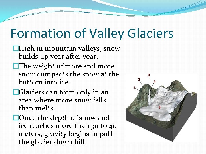 Formation of Valley Glaciers �High in mountain valleys, snow builds up year after year.
