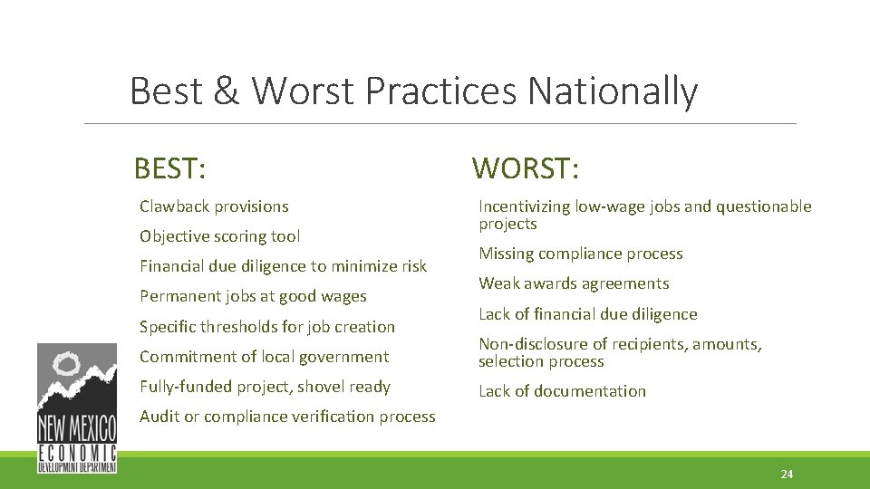 Best & Worst Practices Nationally BEST: Clawback provisions Objective scoring tool Financial due diligence Best & Worst Practices Nationally BEST: Clawback provisions Objective scoring tool Financial due diligence
