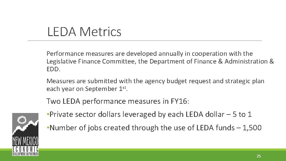 LEDA Metrics Performance measures are developed annually in cooperation with the Legislative Finance Committee, LEDA Metrics Performance measures are developed annually in cooperation with the Legislative Finance Committee,