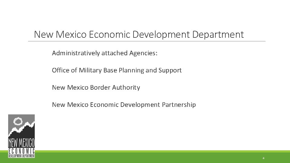 New Mexico Economic Development Department Administratively attached Agencies: Office of Military Base Planning and New Mexico Economic Development Department Administratively attached Agencies: Office of Military Base Planning and