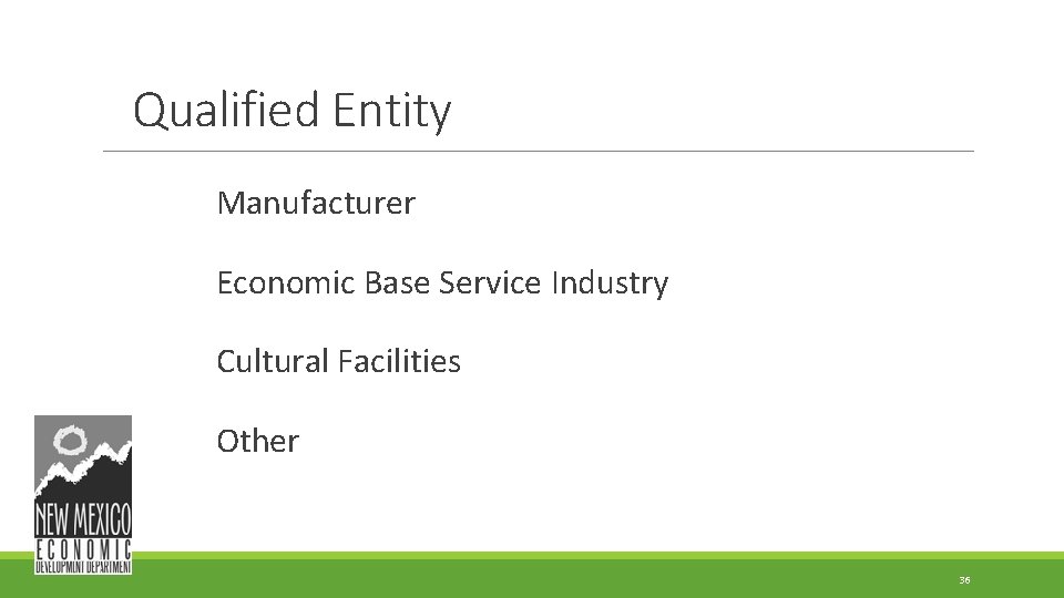 Qualified Entity Manufacturer Economic Base Service Industry Cultural Facilities Other 36 Qualified Entity Manufacturer Economic Base Service Industry Cultural Facilities Other 36