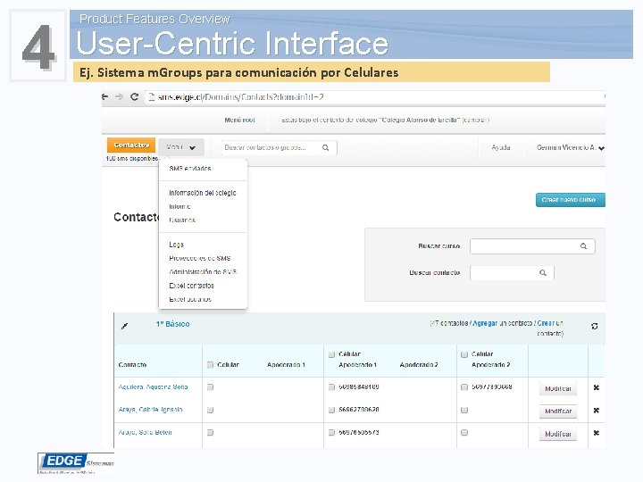 4 Product Features Overview User-Centric Interface Ej. Sistema m. Groups para comunicación por Celulares