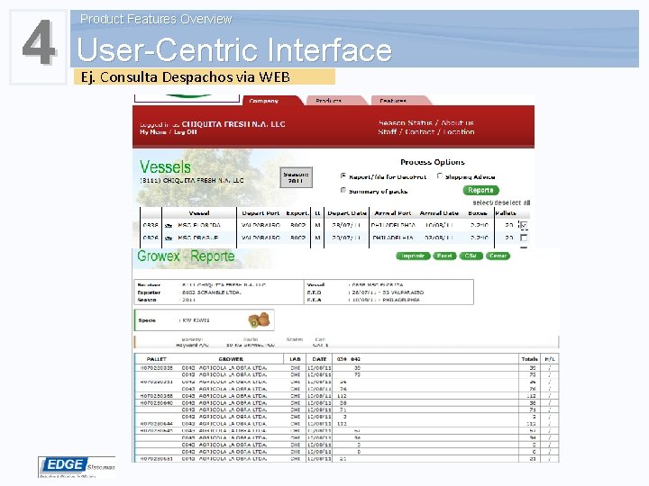 4 User-Centric Interface Product Features Overview Ej. Consulta Despachos via WEB 