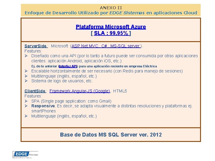 ANEXO II Enfoque de Desarrollo Utilizado por EDGE Sistemas en aplicaciones Cloud Plataforma Microsoft