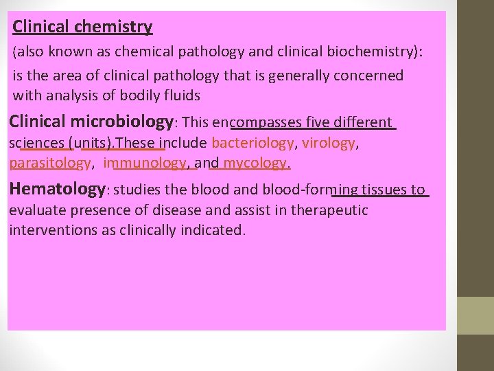 Clinical chemistry (also known as chemical pathology and clinical biochemistry): is the area of