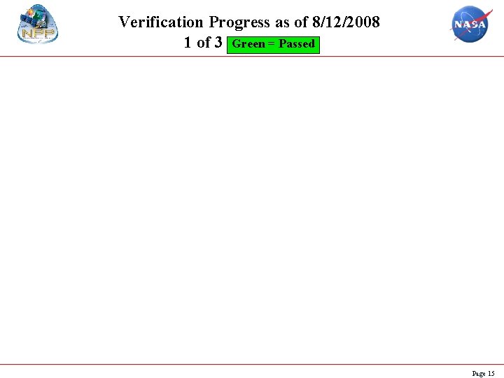 Verification Progress as of 8/12/2008 1 of 3 Green = Passed Page 15 