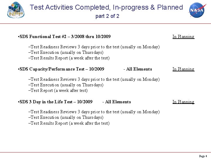 Test Activities Completed, In-progress & Planned part 2 of 2 • SDS Functional Test