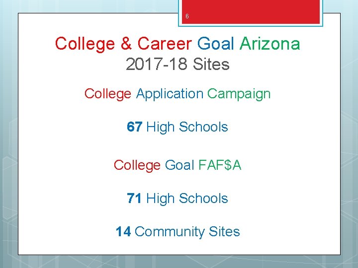 6 College & Career Goal Arizona 2017 -18 Sites College Application Campaign 67 High