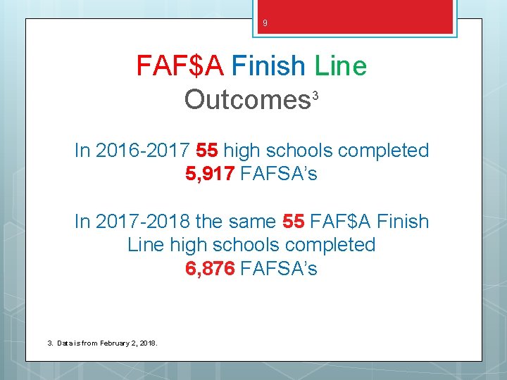 9 FAF$A Finish Line Outcomes 3 In 2016 -2017 55 high schools completed 5,