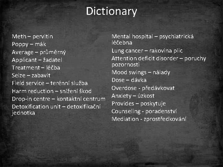 Dictionary Meth – pervitin Poppy – mák Average – průměrný Applicant – žadatel Treatment