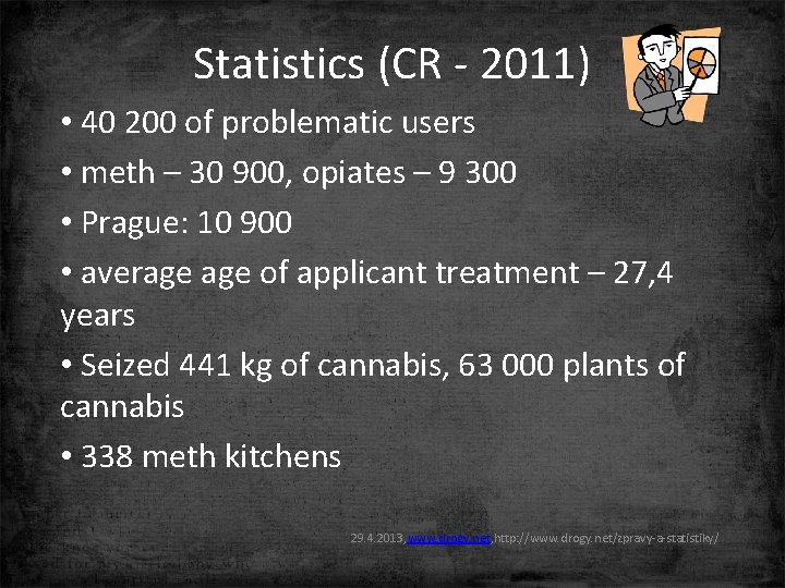 Statistics (CR - 2011) • 40 200 of problematic users • meth – 30