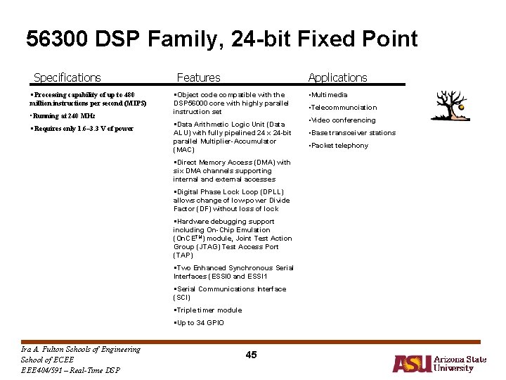 56300 DSP Family, 24 -bit Fixed Point Specifications • Processing capability of up to 56300 DSP Family, 24 -bit Fixed Point Specifications • Processing capability of up to