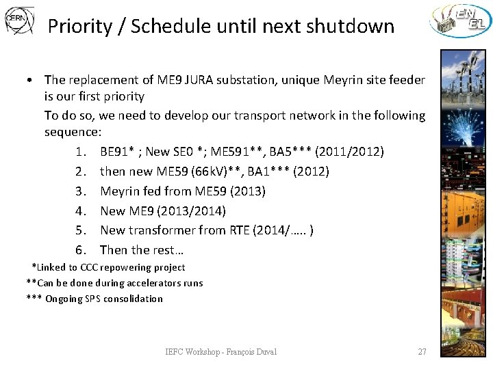 Priority / Schedule until next shutdown • The replacement of ME 9 JURA substation,