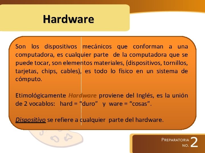 Hardware Son los dispositivos mecánicos que conforman a una computadora, es cualquier parte de