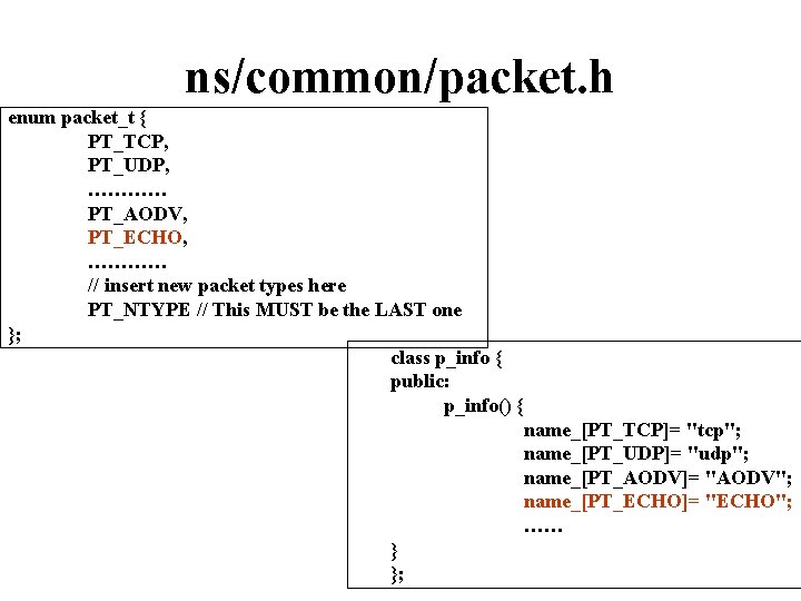 ns/common/packet. h enum packet_t { PT_TCP, PT_UDP, ………… PT_AODV, PT_ECHO, ………… // insert new