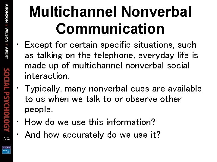 Multichannel Nonverbal Communication • Except for certain specific situations, such as talking on the Multichannel Nonverbal Communication • Except for certain specific situations, such as talking on the