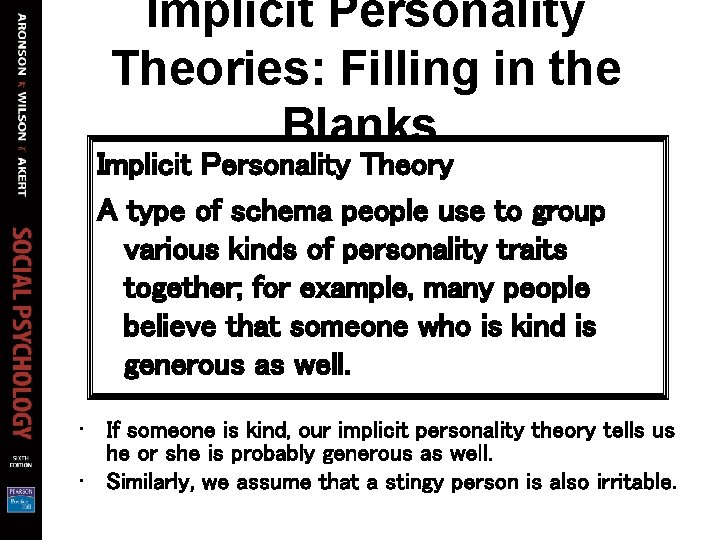 Implicit Personality Theories: Filling in the Blanks. Implicit Personality Theory A type of schema Implicit Personality Theories: Filling in the Blanks. Implicit Personality Theory A type of schema