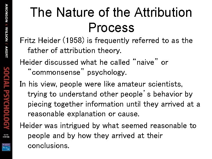 The Nature of the Attribution Process Fritz Heider (1958) is frequently referred to as The Nature of the Attribution Process Fritz Heider (1958) is frequently referred to as