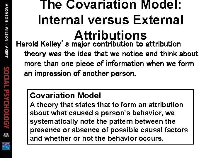 The Covariation Model: Internal versus External Attributions Harold Kelley’s major contribution to attribution theory The Covariation Model: Internal versus External Attributions Harold Kelley’s major contribution to attribution theory
