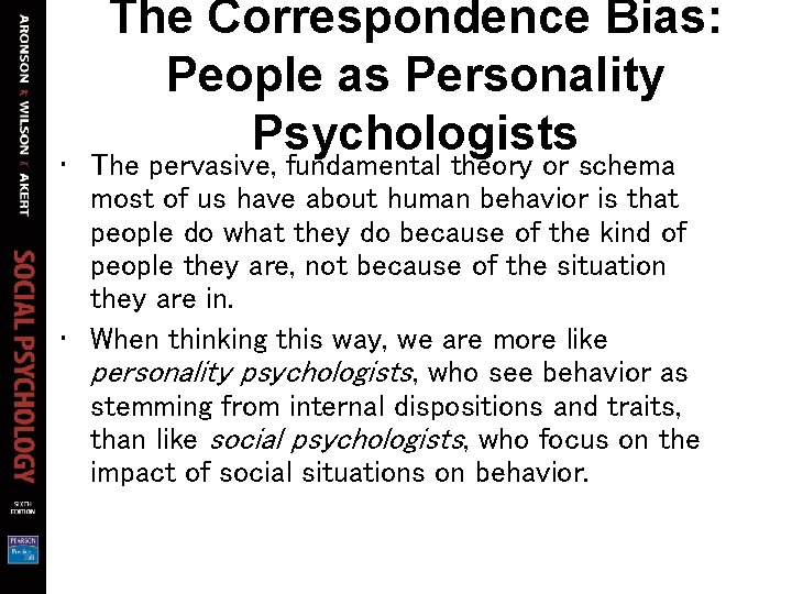 The Correspondence Bias: People as Personality Psychologists • The pervasive, fundamental theory or schema The Correspondence Bias: People as Personality Psychologists • The pervasive, fundamental theory or schema