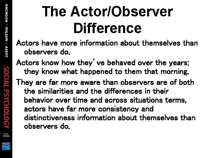 The Actor/Observer Difference Actors have more information about themselves than observers do. Actors know The Actor/Observer Difference Actors have more information about themselves than observers do. Actors know