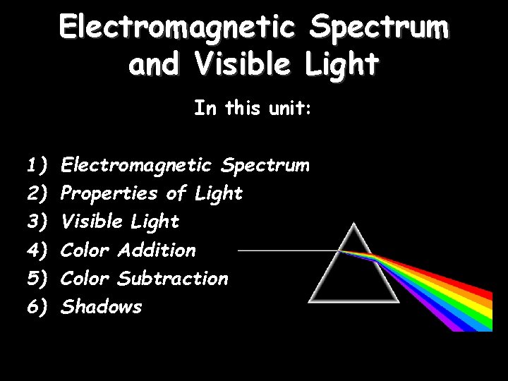 Electromagnetic Spectrum and Visible Light In this unit: 1) 2) 3) 4) 5) 6)