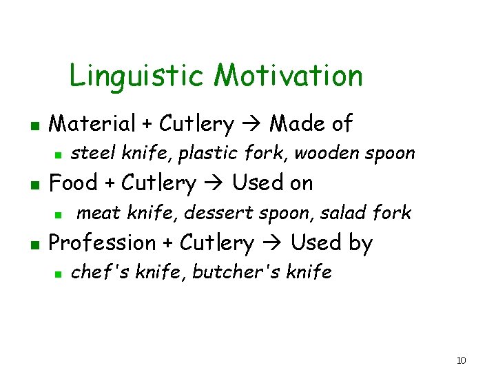 Linguistic Motivation n Material + Cutlery Made of n n Food + Cutlery Used