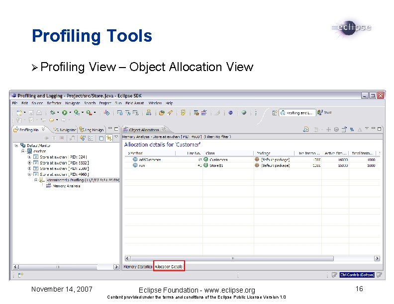 Profiling Tools Ø Profiling View – Object Allocation View November 14, 2007 Eclipse Foundation