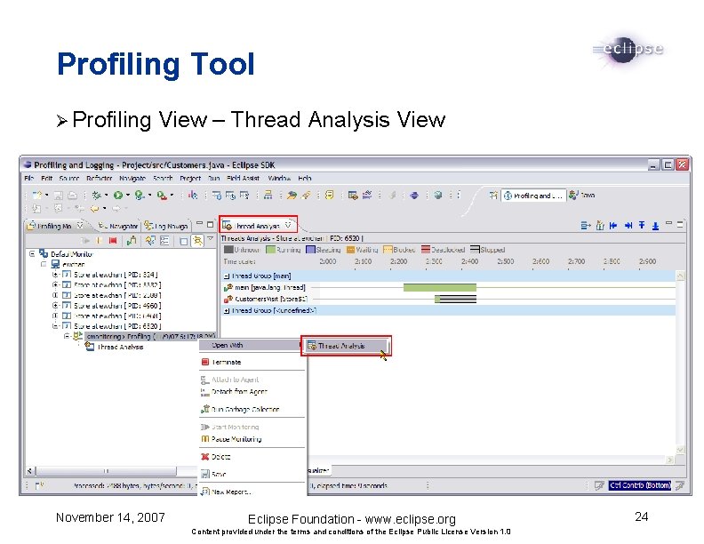 Profiling Tool Ø Profiling View – Thread Analysis View November 14, 2007 Eclipse Foundation