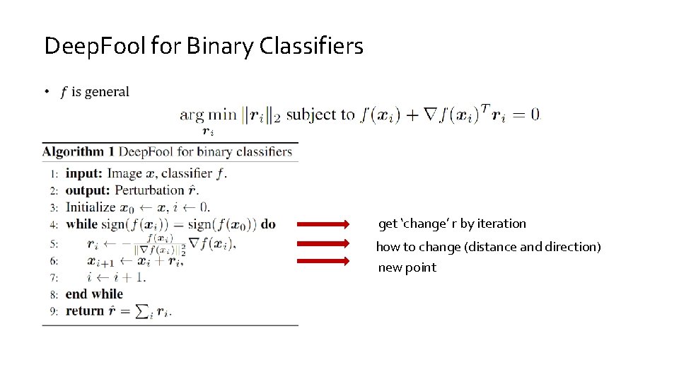 Deep. Fool for Binary Classifiers get ‘change’ r by iteration how to change (distance
