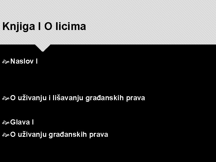 Knjiga I O licima Naslov I O uživanju i lišavanju građanskih prava Glava I