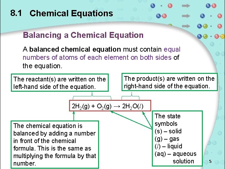 8. 1 Chemical Equations Balancing a Chemical Equation A balanced chemical equation must contain