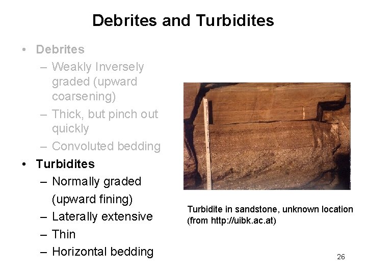 Debrites and Turbidites • Debrites – Weakly Inversely graded (upward coarsening) – Thick, but