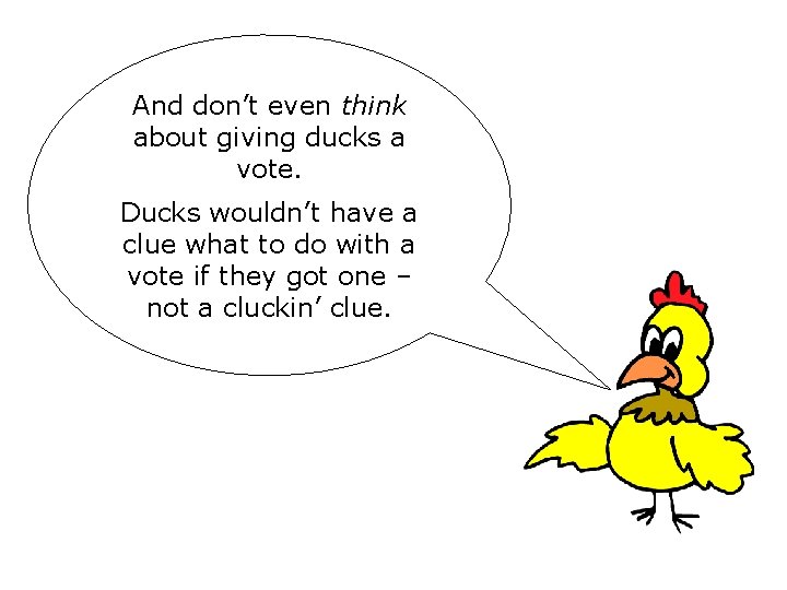 And don’t even think about giving ducks a vote. Ducks wouldn’t have a clue And don’t even think about giving ducks a vote. Ducks wouldn’t have a clue
