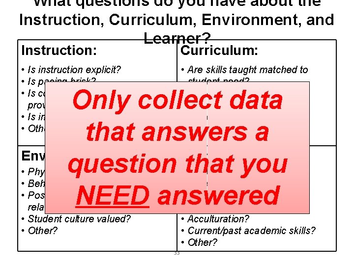 What questions do you have about the Instruction, Curriculum, Environment, and Learner? Instruction: Curriculum:
