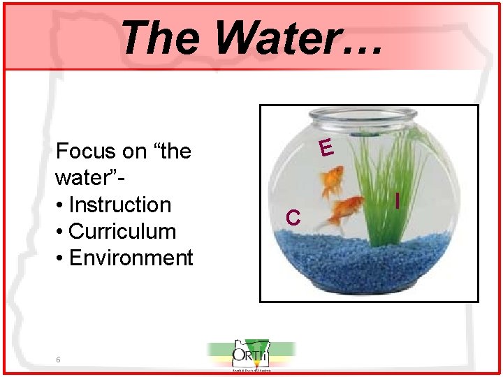 The Water… Focus on “the water” • Instruction • Curriculum • Environment 6 E