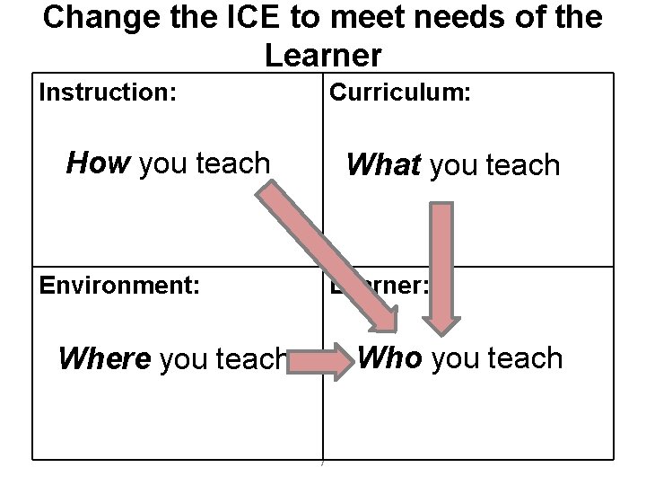 Change the ICE to meet needs of the Learner Instruction: Curriculum: How you teach