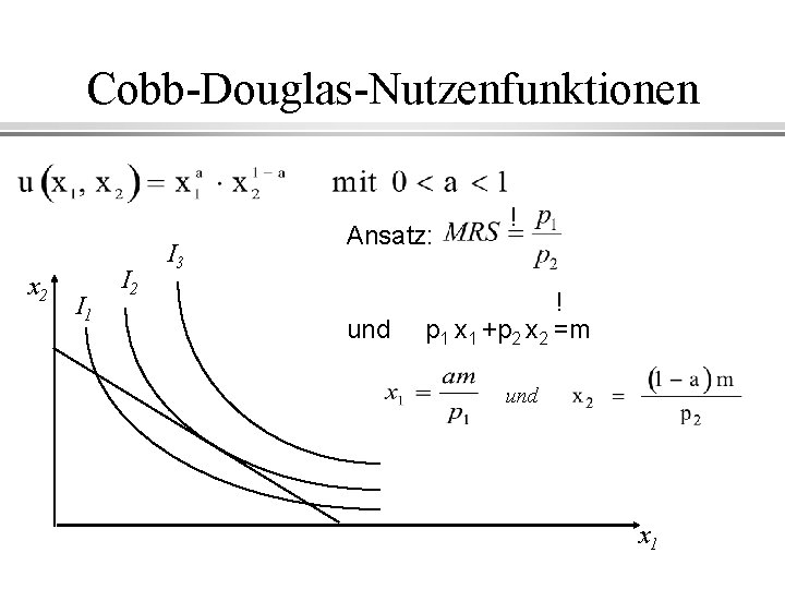 Cobb-Douglas-Nutzenfunktionen x 2 I 1 I 2 I 3 Ansatz: und ! ! p