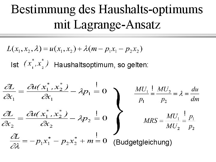 Bestimmung des Haushalts-optimums mit Lagrange-Ansatz Ist Haushaltsoptimum, so gelten: ! ! ! (Budgetgleichung) 