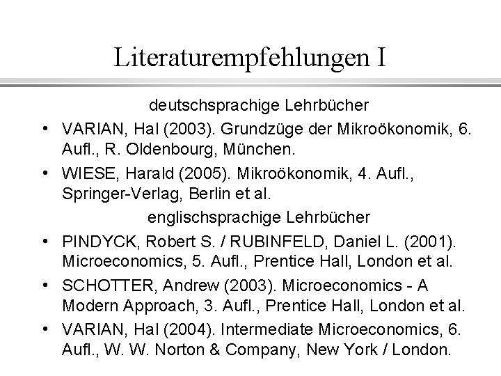 Literaturempfehlungen I • • • deutschsprachige Lehrbücher VARIAN, Hal (2003). Grundzüge der Mikroökonomik, 6.